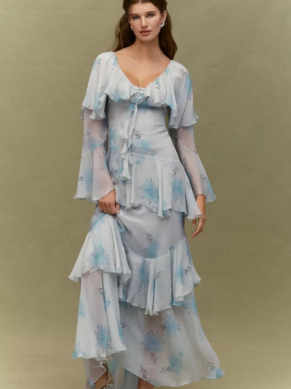 BHLDN Rose Ruffle Long-Sleeve Gown